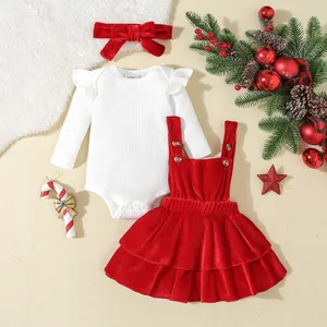 New Baby Girl Christmas Costume Long Sleeved Jumpsuit Jumpsuit+velvet Suspender Skirt+headband Clothing