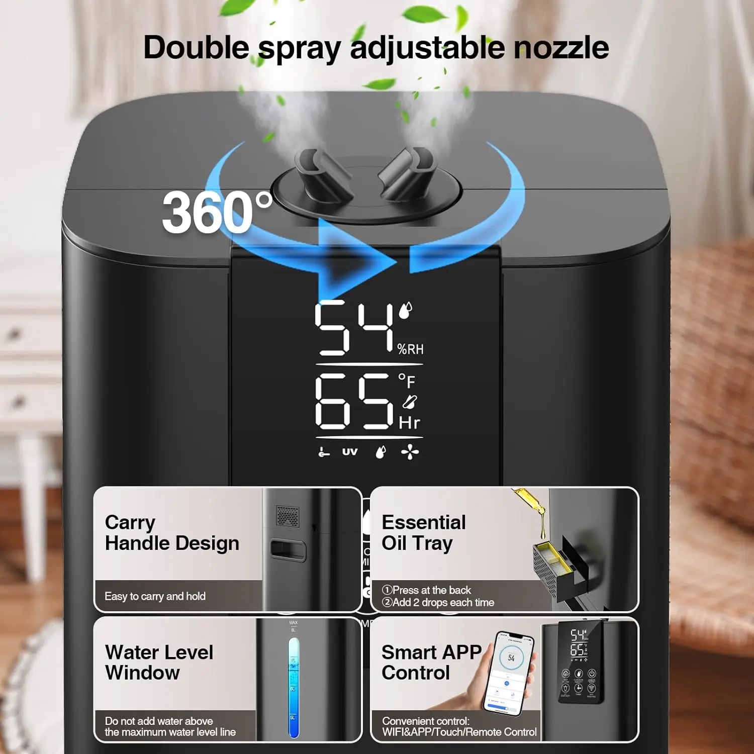 RUNAL H786 8L Smart Ultrasonic Air Humidifier Large Capacity Electric Tower Room Rotating H2O White Black AC Power Aromatherapy