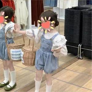 2026 Korean-Style Two-Piece Set Girls' Casual Fashionable Long-Sleeved Floral Shirt Denim Shorts Clothing for Children 7 Years