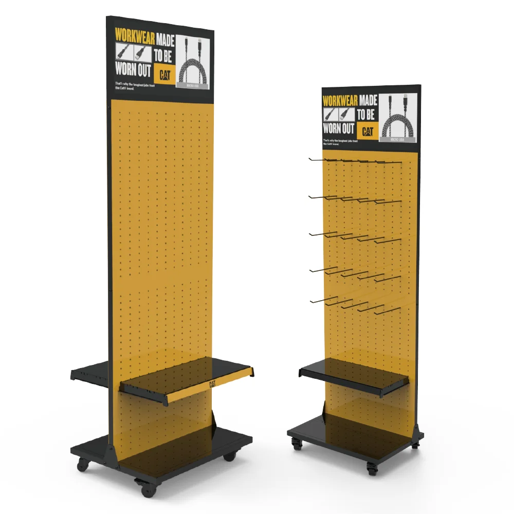 Bevis Custom Light-Duty Metal Movable Roller Floor Standing Pegboard Mobile Phone Accessory Display Stand With Hooks for Store