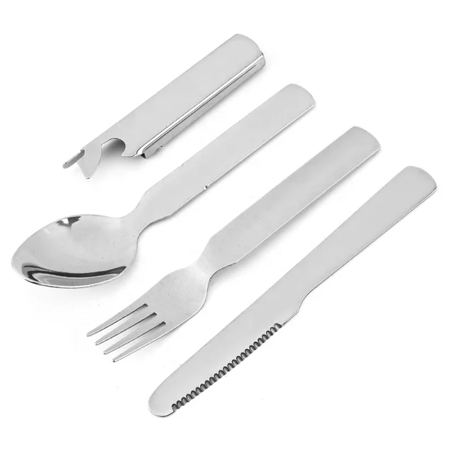 Picnic Camping Cutlery Knife Fork Spoon and Cover opener 4-in-1 Metal simple Cutlery Set Outdoor Survival Travel Practical Tooks