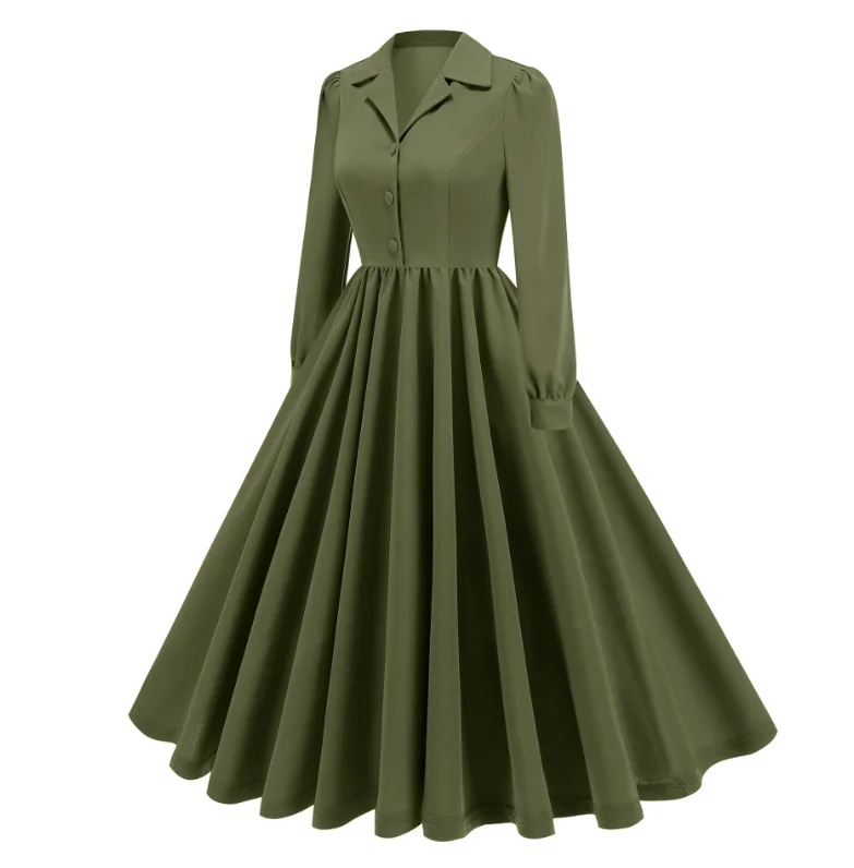 Army Green Solid Color Button Down Retro Notched Lapel Pleated Mature Vintage Mother of the Bride Dresses
