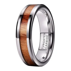 Coolstyle Jewelry 6mm Tungsten Carbide Ring for Men Women Engagement Wedding Band Koa Wood Inlay Beveled Edges Comfort Fit