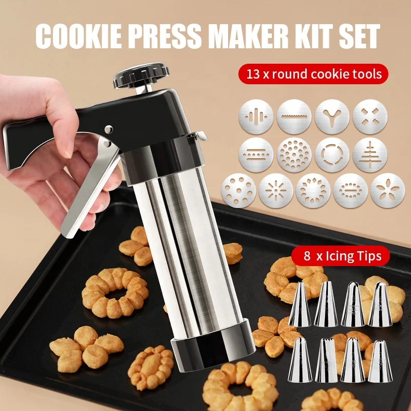 Set per la decorazione di biscotti/glassa per la decorazione di torte Utensili da forno in acciaio inossidabile Macchina per biscotti per uso domestico, 22 pezzi, Argento