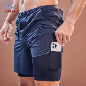 Custom logo Double Layer Polyester 4-Way Stretch Mens Workout Training Running Gym 2 in 1 Shorts for Men
