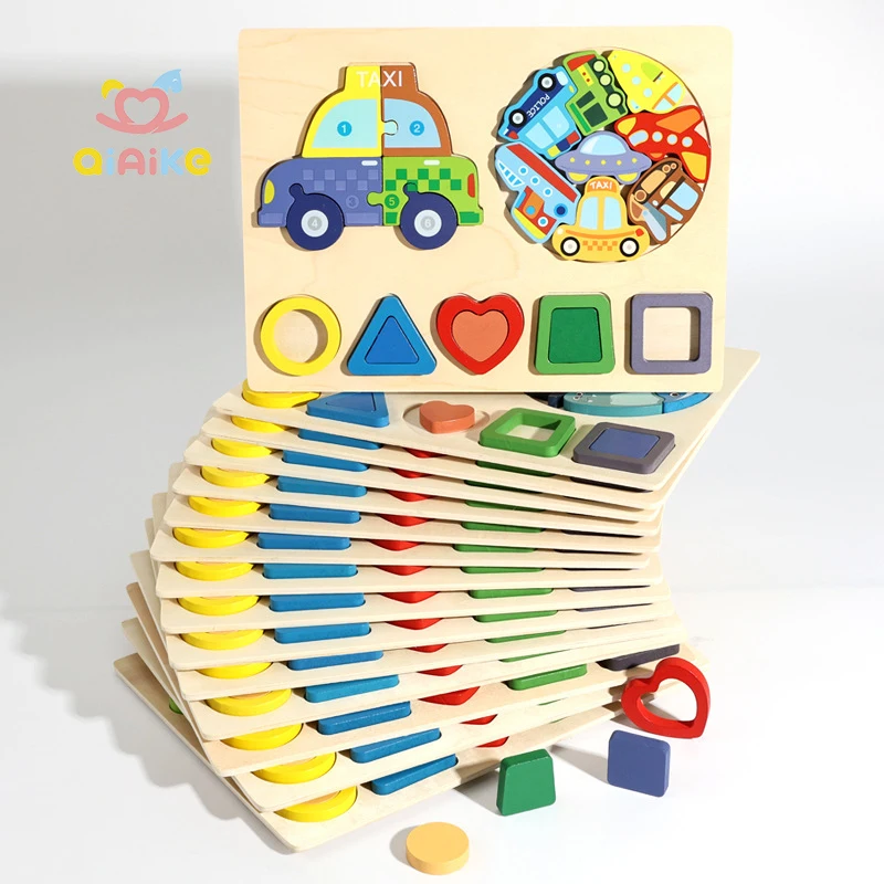 zabawka puzzlowa 3 w 1, zwierzęta z geometrycznych kształtów, 3D puzzle dla dzieci, edukacyjne zabawki Montessori, drewniane puzzle kształty do dopasowania