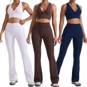 2026 Hot Sale 2 Piece Yoga Set High Waist Flared Leggings Sports Bra Women Tummy Control Workout Outfit