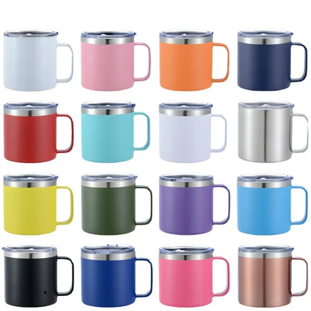 Custom 14oz Stainless Steel Tumbler with Double Wall Vacuum Insulation Clear Lid Handle for Travel Coffee Beer with Logo Option