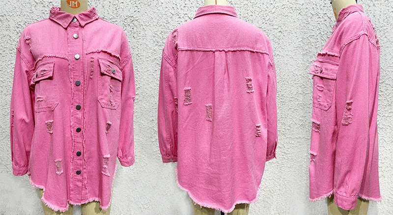 Топтап сатылатын, ұзын жеңді джинс үстіңгі киімі, әйелдерге арналған тесіктері мен жыртылған жерлері бар джинс жакеті, пальто, әйелдерге арналған блузалар, әйелдерге арналған пальто.