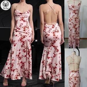 Custom Fashionable Floral Printing High Slit Backless Summer Pink Clothes Women Casual Elegant Maxi Dresses