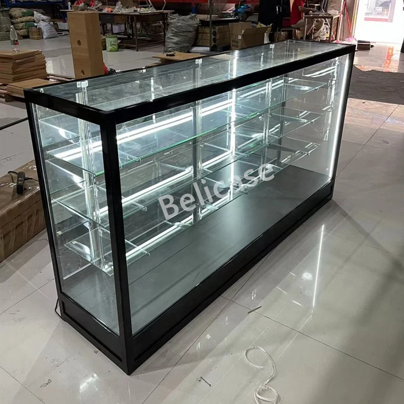 70 Inch Wide Glass Display Case with Adjustable Shelves & LED Light for ...