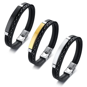 Wholesale Stainless Steel Bangle Mens Leather Bracelet