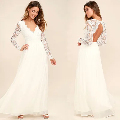 Женское вечернее кружевное платье D & M длинное с V-образным вырезом для свадебной