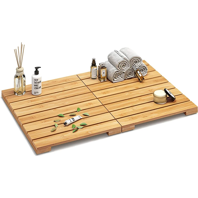 Foldable Bamboo Bathroom Shower Mat Wooden Floor Mat for Indoor & Outdoor Use with Non-Slip Feet