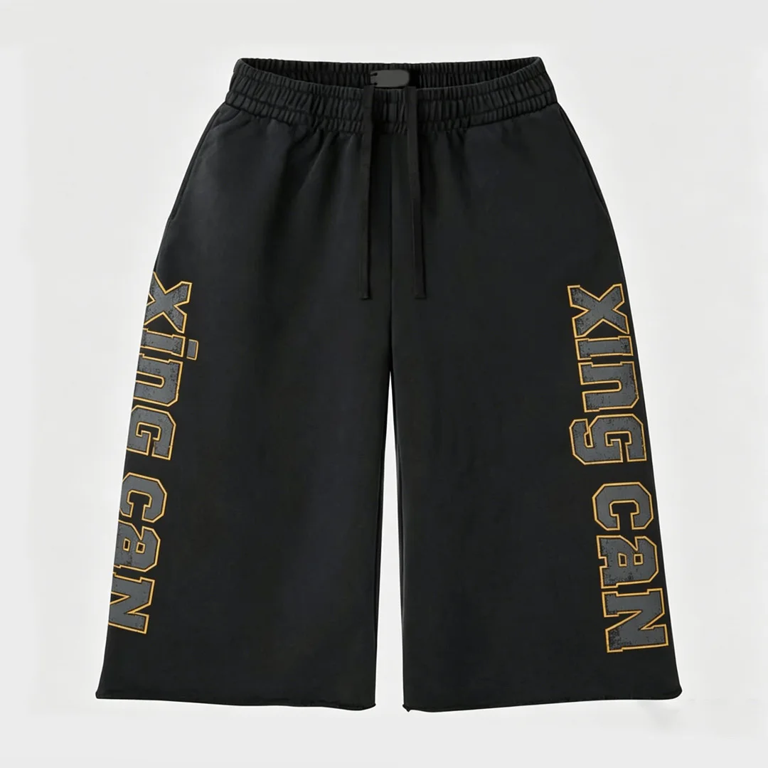 Nové letní modely mužských sportovních bavlněných shortů pro městský styl, vysokokvalitní, potisk na obrazovce, ruční zpracování, surové okraje, šňůrka, výroba na zakázku