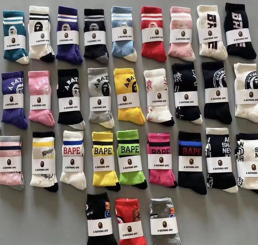 Wholesale fashion high quality ape socks custom designer men unisex casual sport thick crew  socks cotton Bape socks