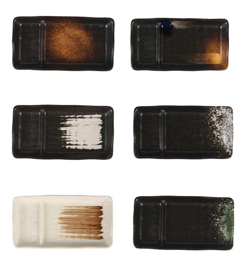 Rectangular Japanese Sushi Plates Black Matte Creamic 2 Compartment Plate Eco-Friendly Ceramic Divided Dumplings Dish