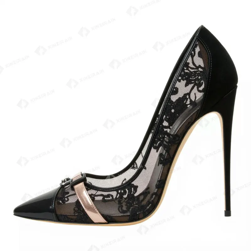 Xinzirain Custom Fashion Design Sheer Pointed Toe Lace and Patent Leather Slip on Stiletto High Heels Pumps Manufacturers