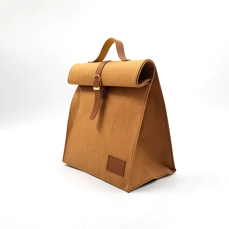 Factory Extra Bulk Ladies Washable Kraft Paper Bag with Leather Handle