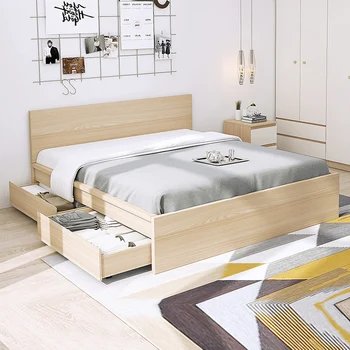 MDF Board Bed with Storage Full Double Queen Size Wooden Melamine Furniture Models Adjustable Bed Frame