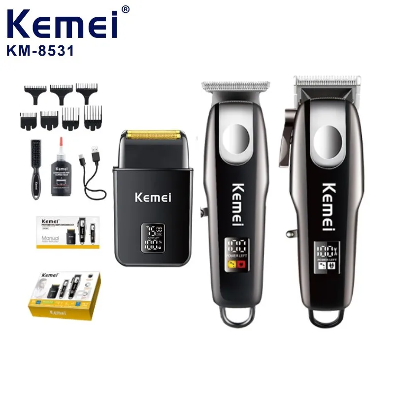 Kemei Max Km-8531 2 Tondeuses à cheveux haut de gamme, 1 rasoir électrique, kit 3-en-1 de coupe de cheveux professionnel, lames DLC, moteur rapide