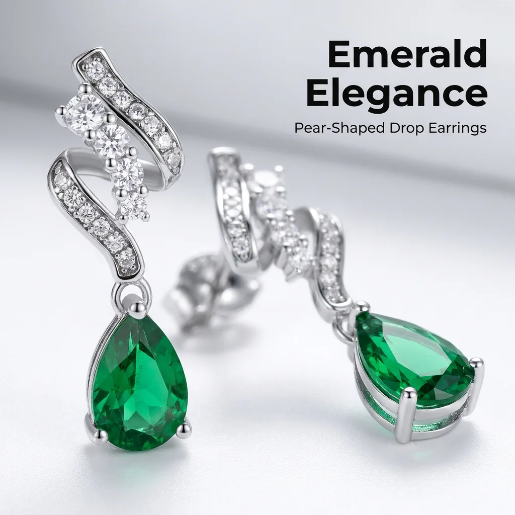 Pear Cut Green Drop Earrings Rhodium Plated Cultivating Emeralds 925 Sterling Silver Claw Setting Forever Star Third Party