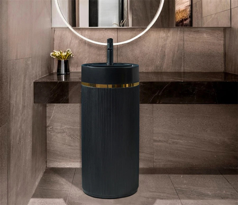 Luxury modern high quality artificial stone round one piece bathroom free standing pedestal sink hand wash basin for hotel manufacture