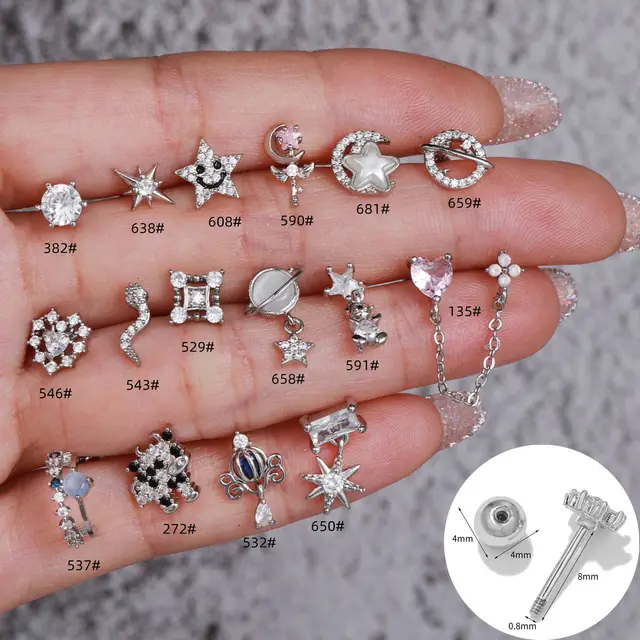 stainless steel barbell Cz Crown Cross Heart Flower Flat back labret piercing lip ring ear helix lobe diath piercing jewelry