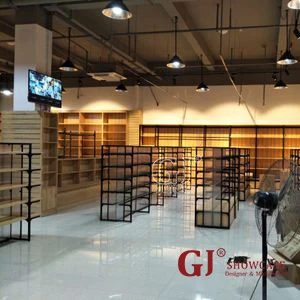 Free Retail Discount Store Fixtures Shop Furniture Layout Interior Design Wood Display Shelving Racks for Grocery Store