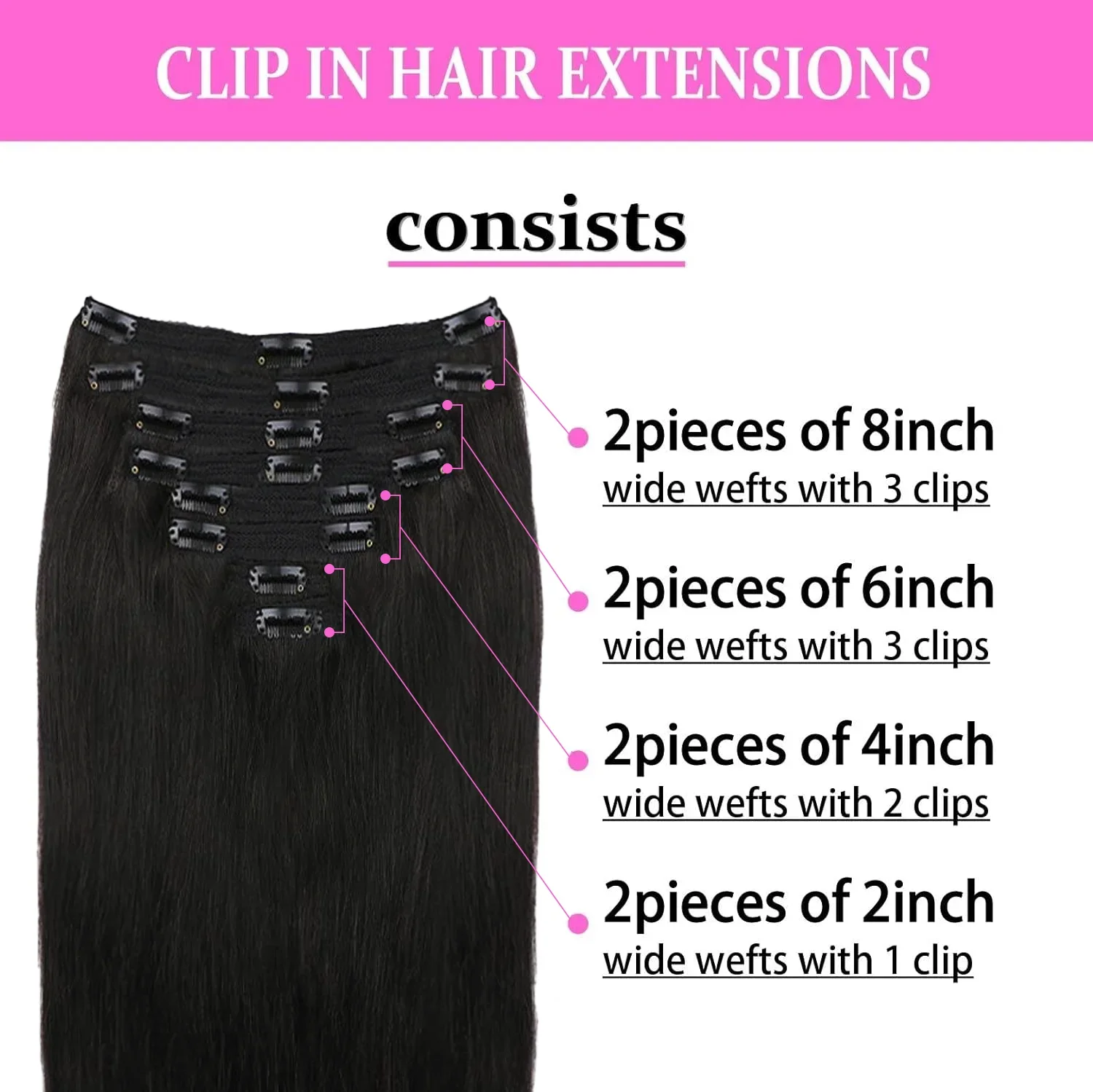 Clip in Hair Extensions Human Hair Brazilian Virgin Natural Straight Seamless Clip ons 1B_voghion.com