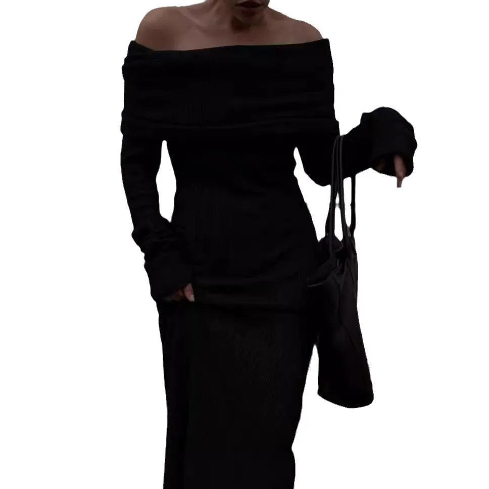 Autumn Winter Fashion Elegant Chic Long Sleeve Black Dresses Street Slim Evening Robes Off Shoulder Midi Knitted Dress for Women Autumn Winter Fashion Elegant Chic Long Sleeve Black Dresses Street Slim Evening Robes Off Shoulder Midi Knitted Dress for Women