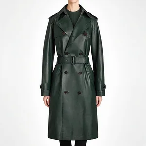 In Stock 2026 Fashion Green Pu Leather Trench Coat Women Long Double Breasted Belted Winter Outerwear Elegant Leather Jacket