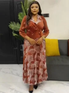 Wholesale Women's Autumn Casual Chiffon Silver Gold Stamping Pleated Anti-Wrinkle V Neck Shiny Beaded Maxi Dress Feather