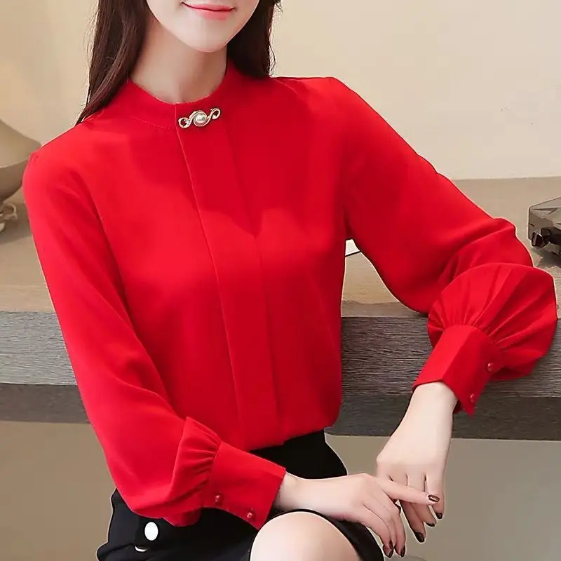 Plus-size women's blouse solid color stand-up collar long sleeve Chiffon shirt for women