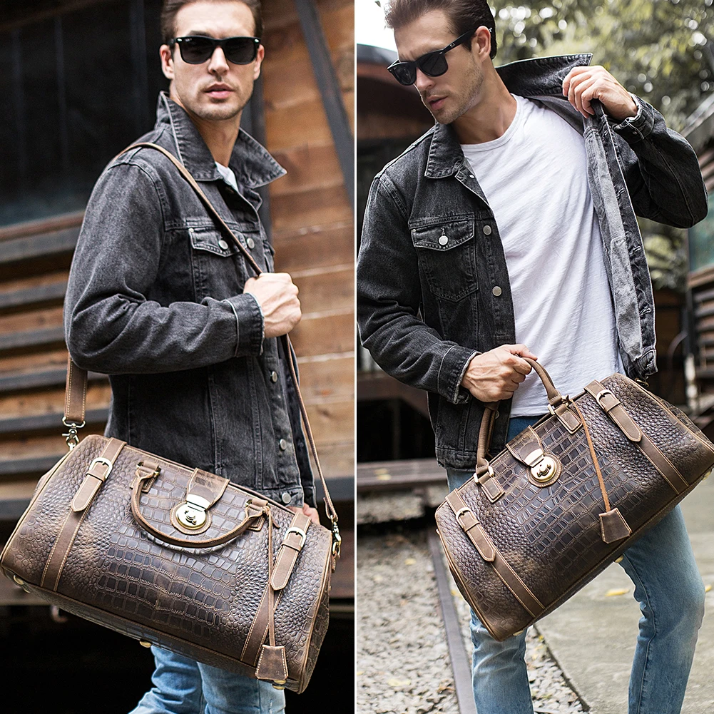 2025 New Design Extra Large Luxury Brown Duffel Bag Crocodile Pattern  Genuine Leather Carry Holdall Large Capacity Drop Shipping