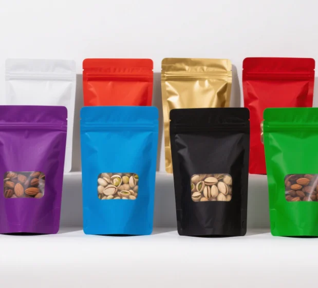Tilpasset trykt logo snacksække med stående lynlås madegnede plastikposer til tørrede frugter og nødder funktioner genforseglbare vindue