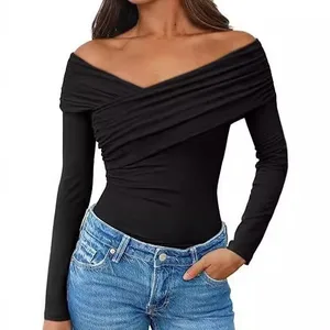 Women's Solid Color V-shaped Pleated Shoulder Long Sleeved Tight and Sexy Versatile T-shirt