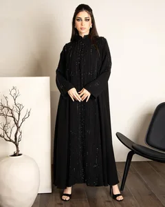 Oem Odm Suadi Dubai Modest Elegant Black Open  Abaya with Intricate Embroidery and Beading Custom Made Fashion Muslim Womens