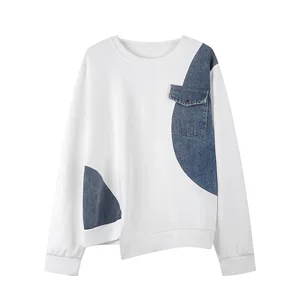 Wholesale Autumn 2026 New Fashion Casual Denim Splicing Sweater Women's Loose Crew Neck Long Sleeve Women's Sweater