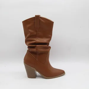 BUSY GIRL HQ1152 Custom Mid Boots New Winter Korean Style Pointed Toe Chunky Heel Pleated Slouch Boots Mid-calf Riding Boots