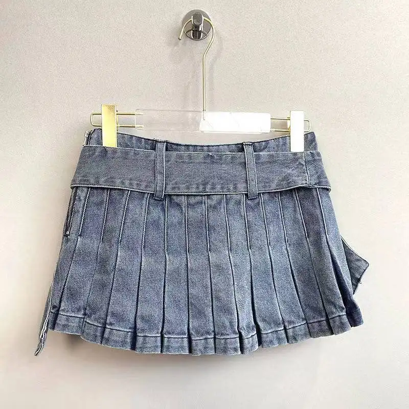 High Quality Women Blue Jeans Y2k Belt Pleated Denim Skirt Causal ...