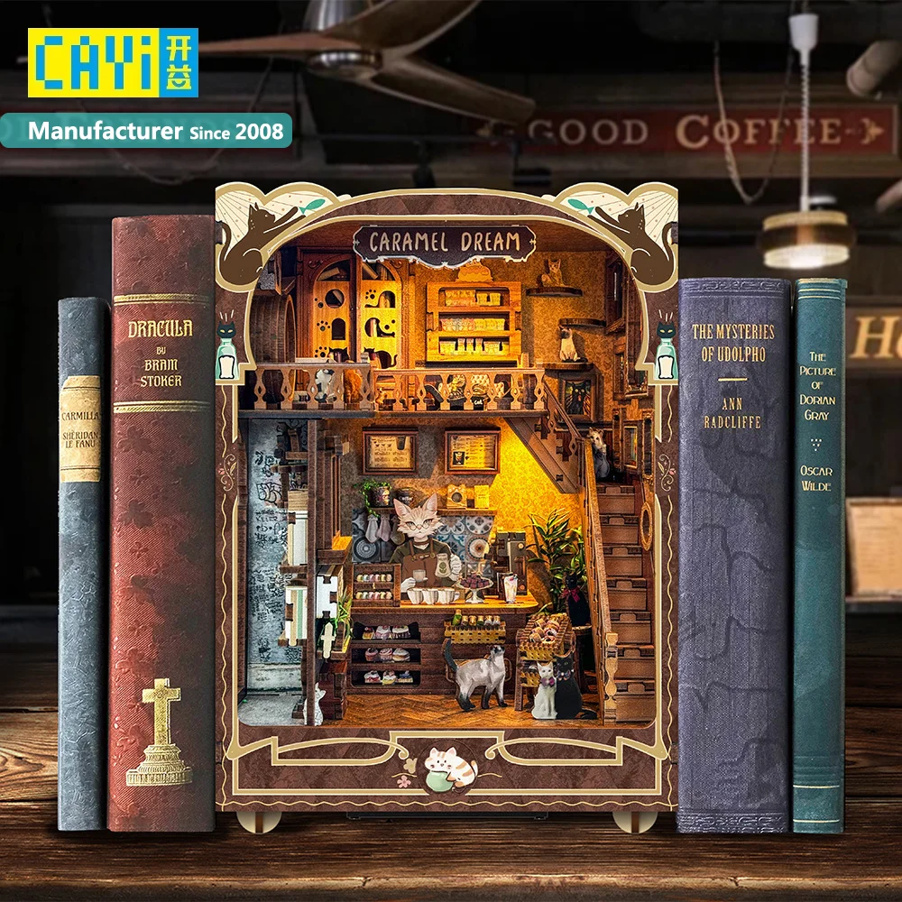 CAYI Caramel Dream Book Nook Miniature House with LED Light Diy Bookends Dollhouse 3D Wooden Puzzle Doll House Puzzles for kids