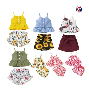 Girls Summer Two-Piece Set Sling Lace Top with Sunflower Flower Shorts