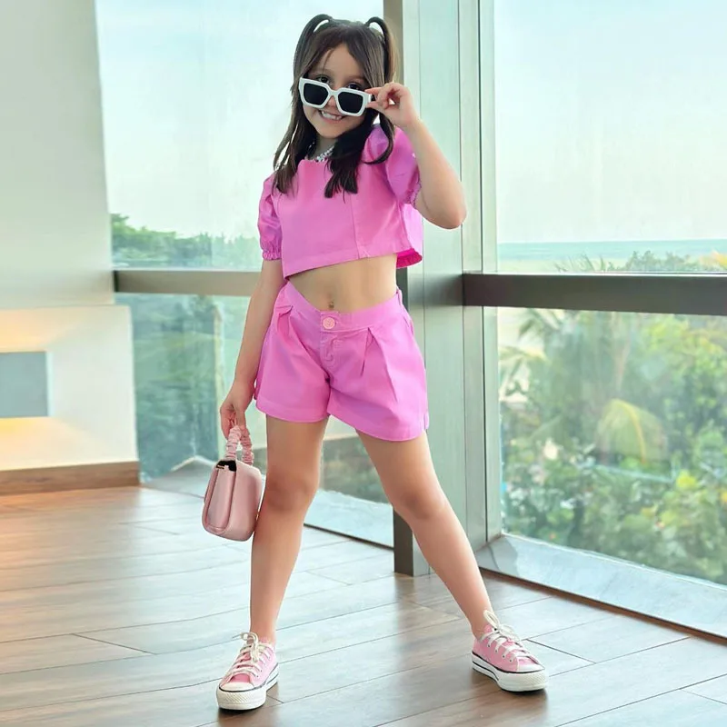 Girls' New Bubble Sleeve Short Suit Fashion Crop Solid Color Short ...