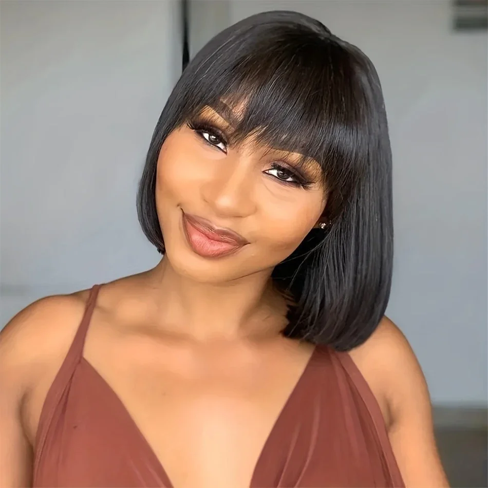 Perruques brésiliennes droites en dentelle Bob 100 % cheveux humains frange partie centrale cuir chevelu réaliste_voghion.com