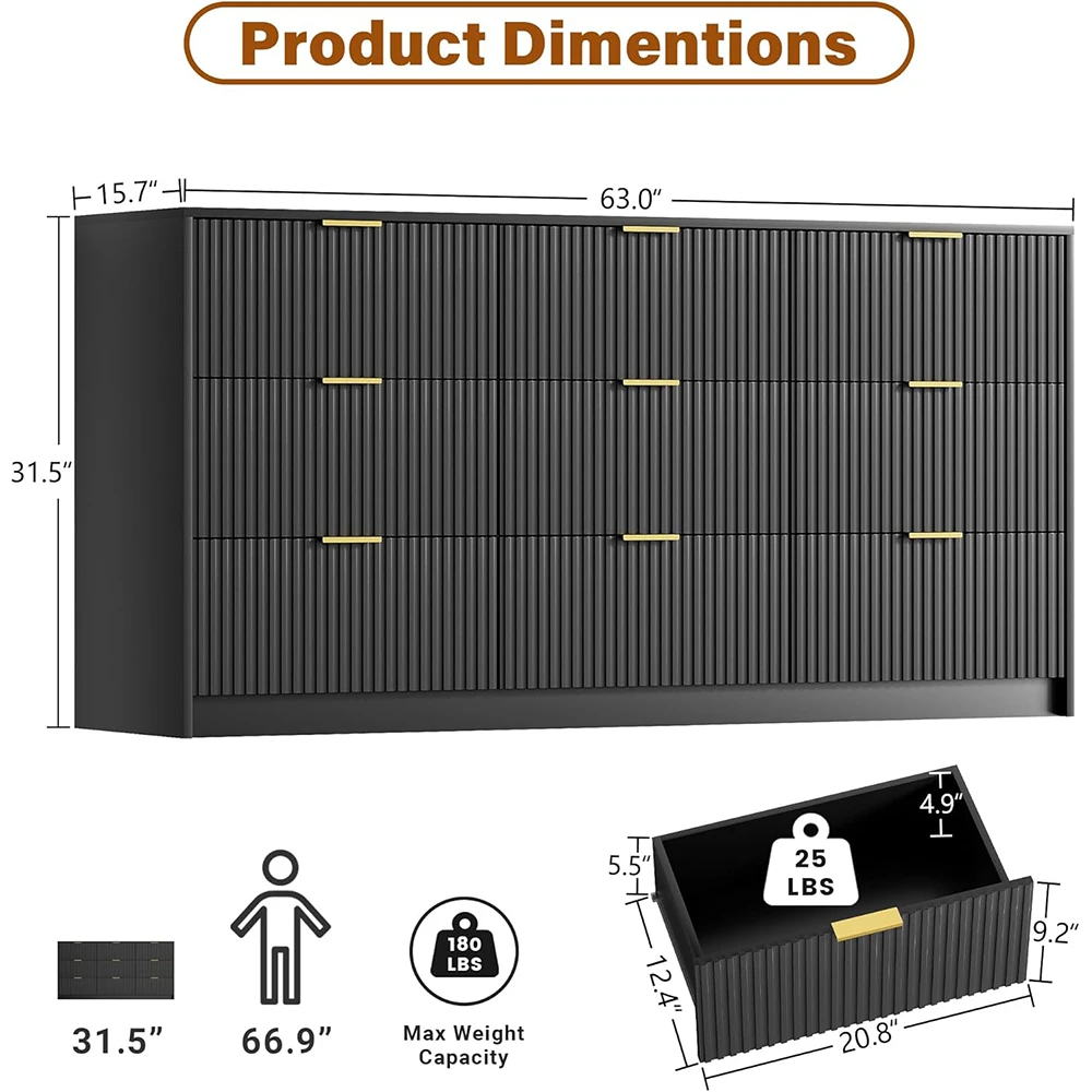 product black wood modern dresser 9 drawers smooth slides wide chest golden handles bedroom living room closet-5