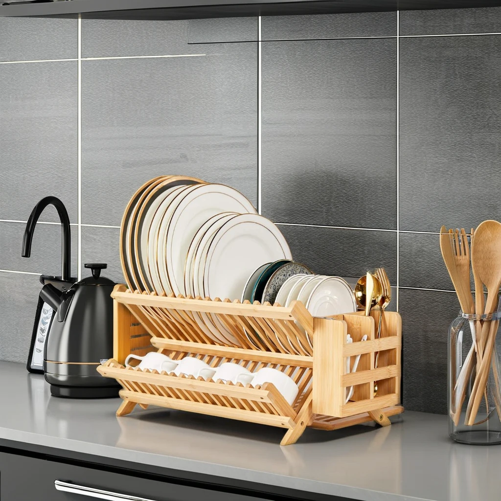 Custom Bamboo Collapsible Dish Drying Rack with Utensil Holder Foldable Kitchen Dish Drainers for Plates Cups Cutlery