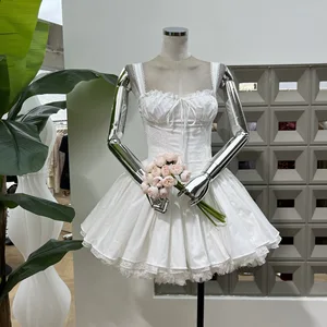 Square Neck White Corset Style Mini Party Dress with Lace Trim Ruffled Bodice and Flared Skirt