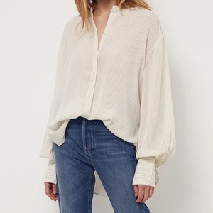 Custom High Quality Custom Women's Blouses Lantern Sleeve Stand Collar Irregular Striped Loose Tops