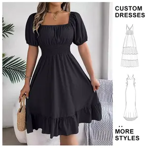 Custom Wholesale Spring Summer Women's square Neck Short Sleeve Solid Color Waist-cinching Ruffle A-line Ladies Casual Dress